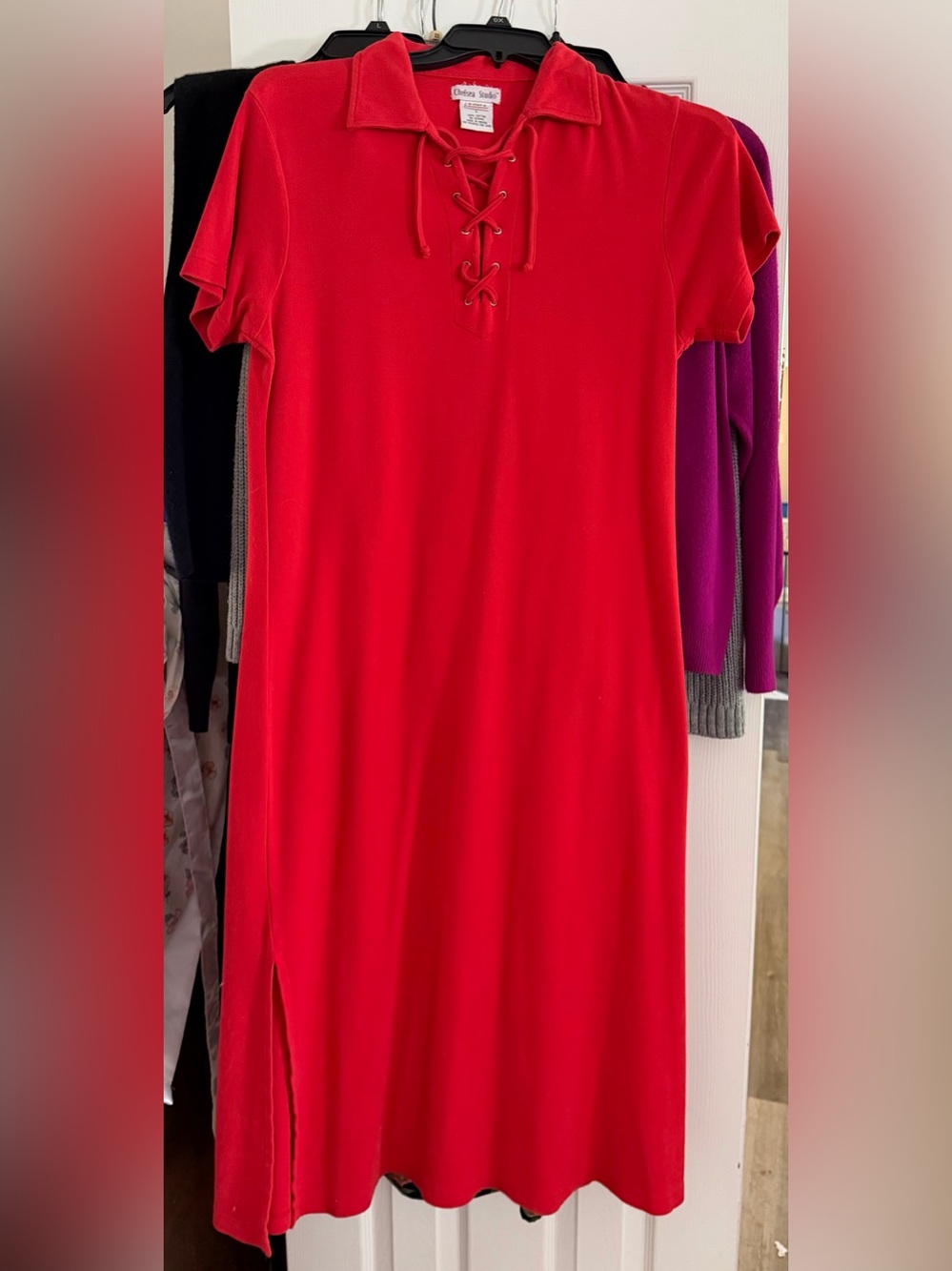 Lace-Up Polo Midi Dress in Red by Chelsea & Violet